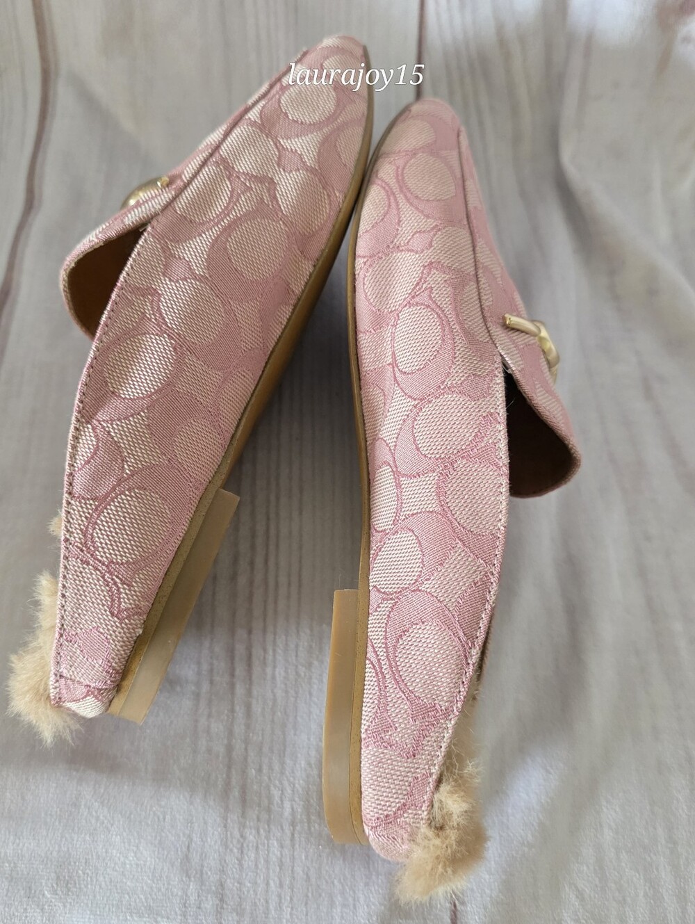 Coach Sienna Sherpa Slides Shoes Pink Signature Jacquard Gold Horsebit Womens 6 - Picture 8 of 10